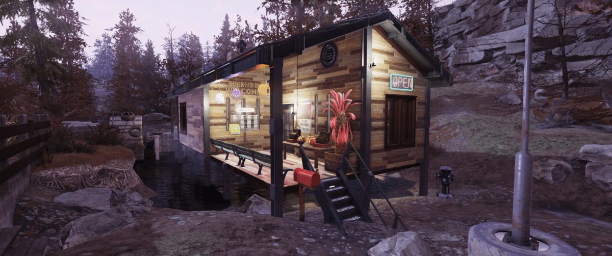 A cabin elevated over water on stilts in the game Fallout 76.