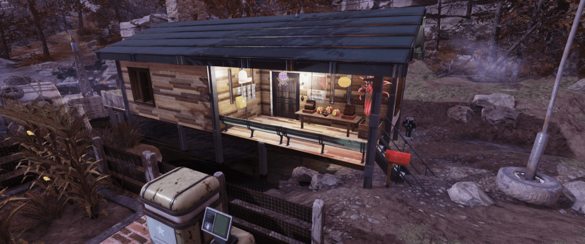 A cabin elevated over water on stilts in the game Fallout 76.