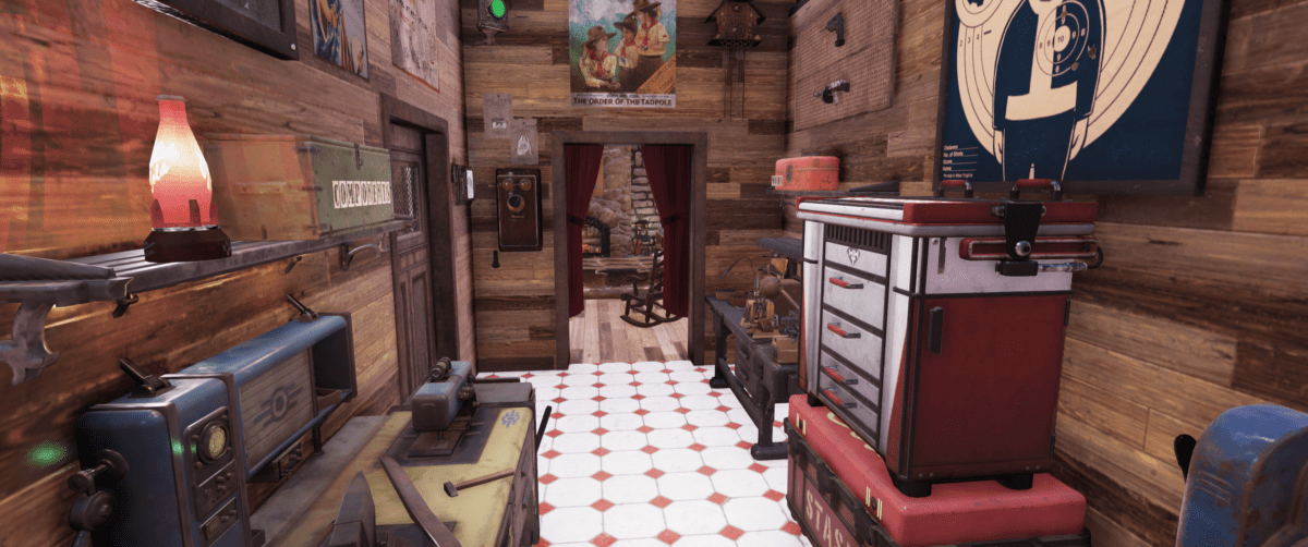 Inside a cabin elevated over water on stilts in the game Fallout 76. This room is the workshop.