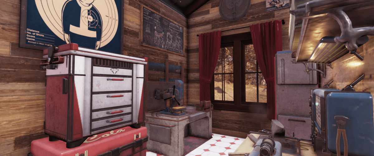 Inside a cabin elevated over water on stilts in the game Fallout 76. This room is the workshop.