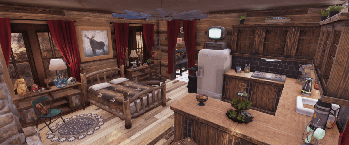 Inside a cabin elevated over water on stilts in the game Fallout 76. This room is the the living area that has a fireplace, bed, kitchen and eating area. There is a back door that exits to the deck.