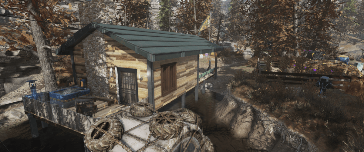 A cabin elevated over water on stilts in the game Fallout 76.